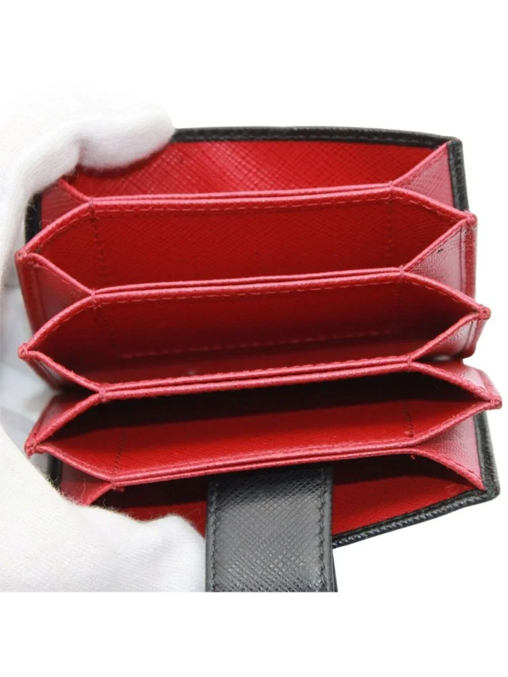 Prada Card Case Saffiano Black Red Accordion